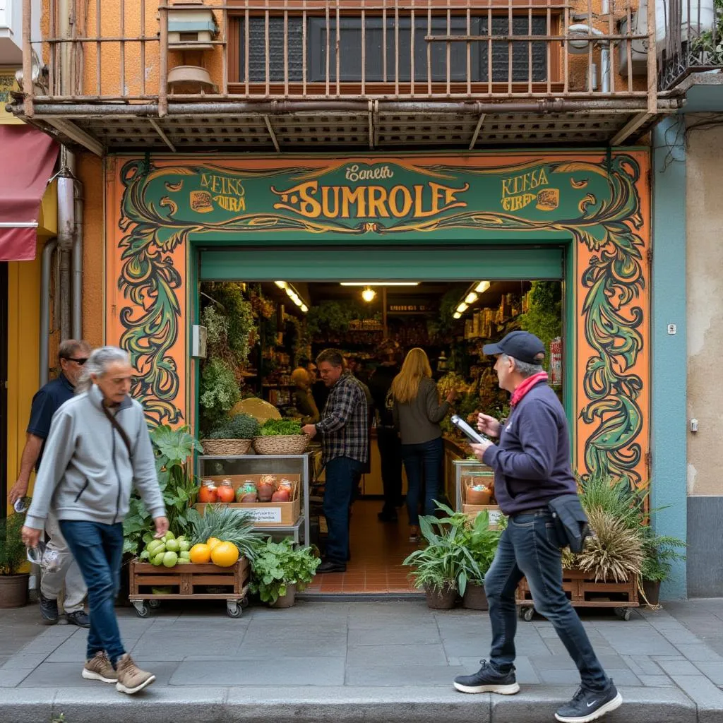 Pequeño negocio local próspero y colorido en una calle argentina