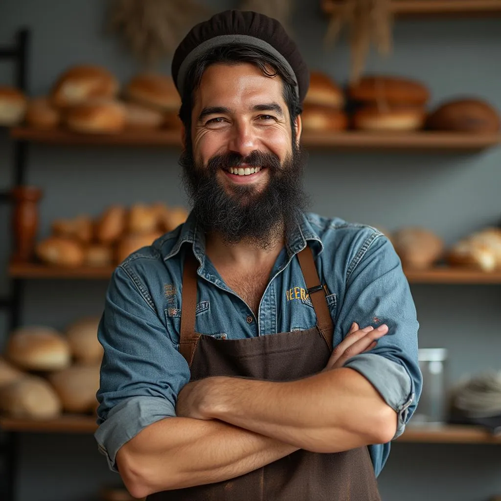 Emprendedor local argentino sonriendo orgullosamente con su producto artesanal