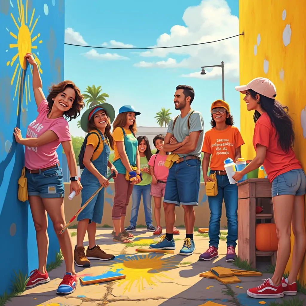 Grupo de personas diversas colaborando en un proyecto comunitario en un pueblo argentino soleado