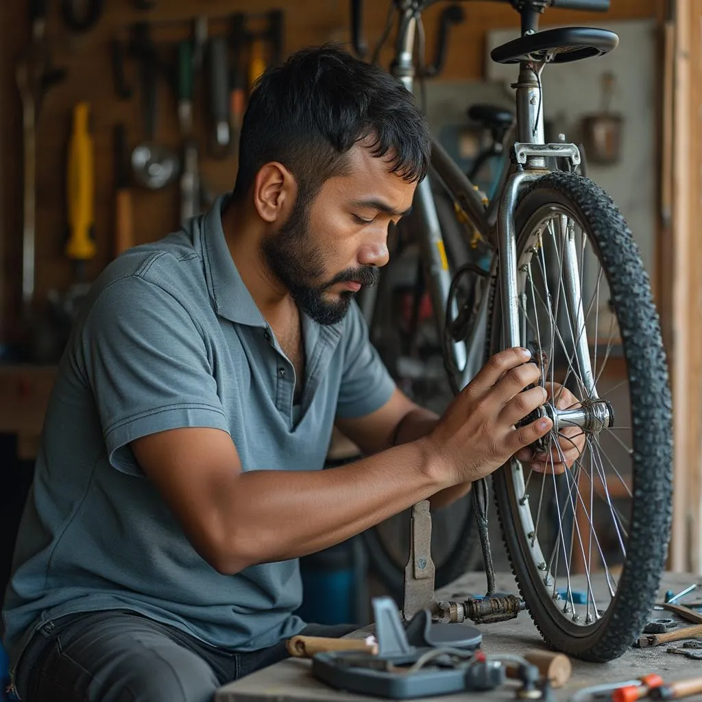 Juan reparando una bicicleta